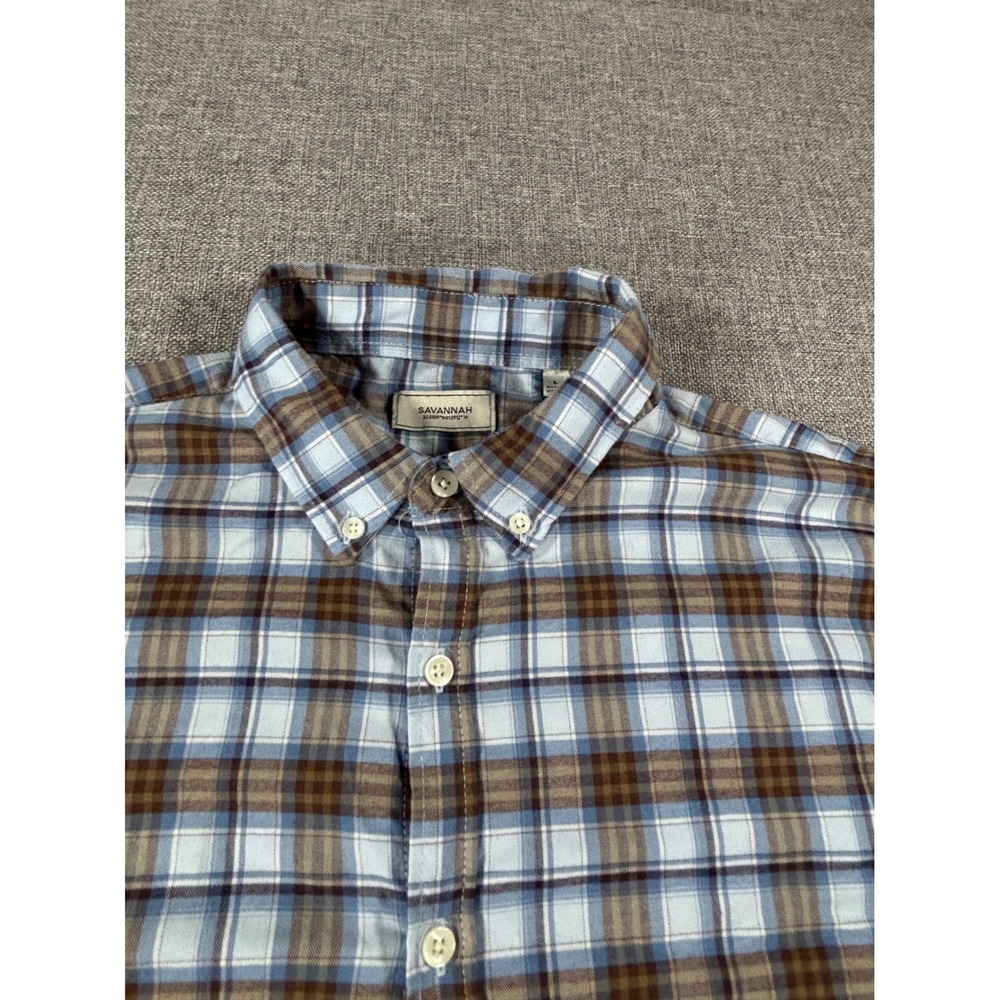 Savannah Shirt Plaid Button Down Long Sleeve Blue Brown Tencel Stretch Women's L - Picture 6 of 11